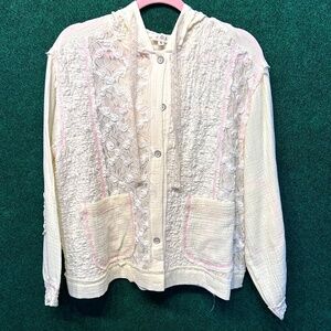 🔥021 NWOT POL Cream Hoodie Balloon Sleeves Lace Solid Knit Jacket Shacket ⭐️